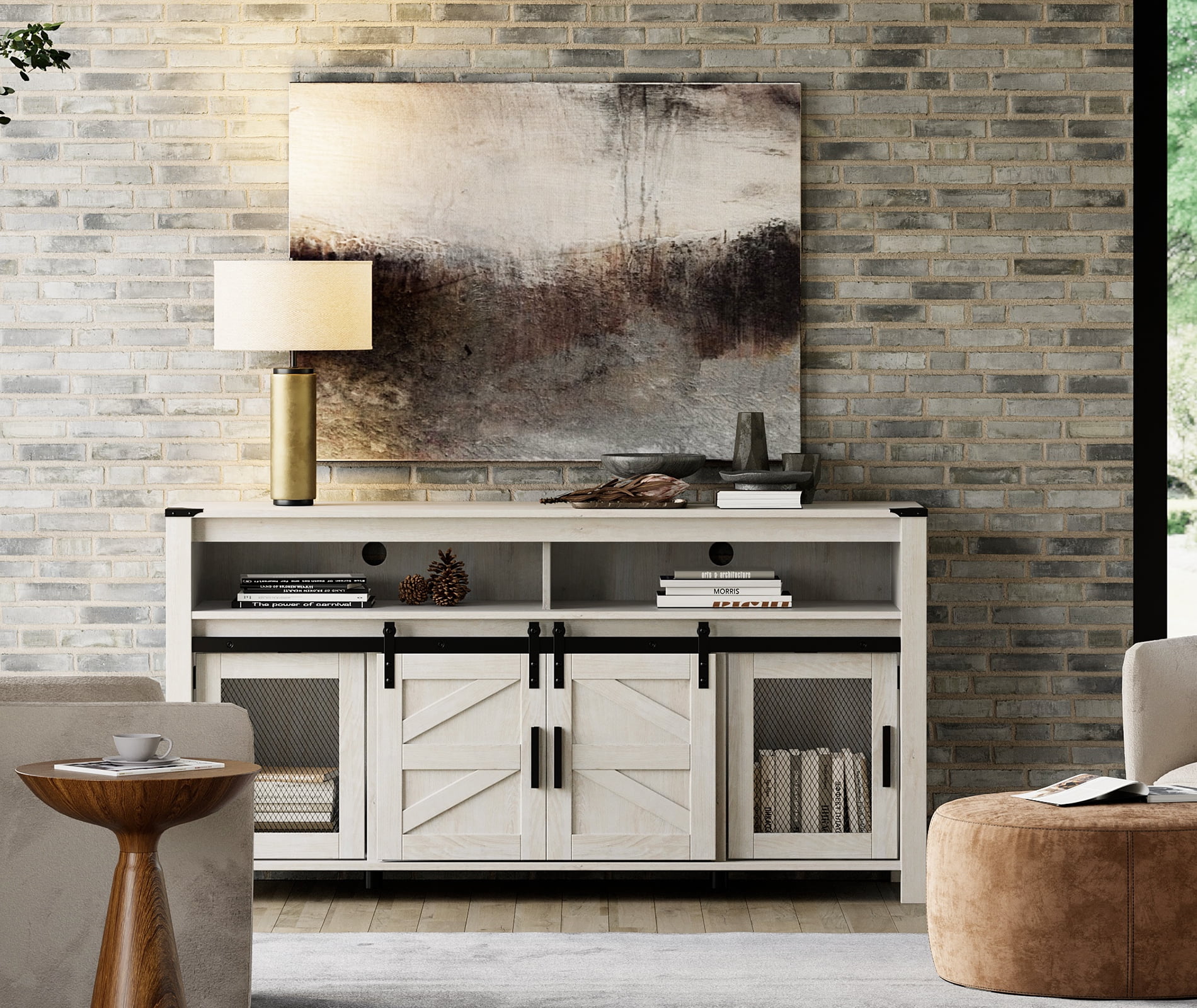 WAMPAT Farmhouse TV Stand for 65 Inch TV, Rustic White Entertainment ...