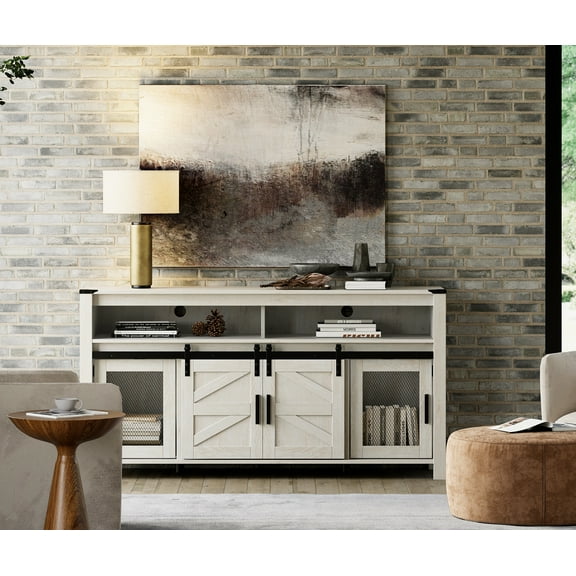 WAMPAT Farmhouse TV Stand for 65 Inch TV, Rustic White Entertainment Center with Sliding Barn Doors and Mesh Doors, Tall Media Console with Open Storage Space for Living Room, 59x15.4x31