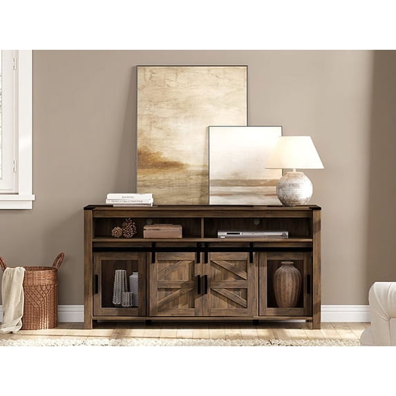 WAMPAT Farmhouse TV Stand for 65 Inch TV, Walnut Brown Entertainment Center with Sliding Barn Doors and Mesh Doors, Tall Media Console with Open Storage Space for Living Room, 59x15.4x31