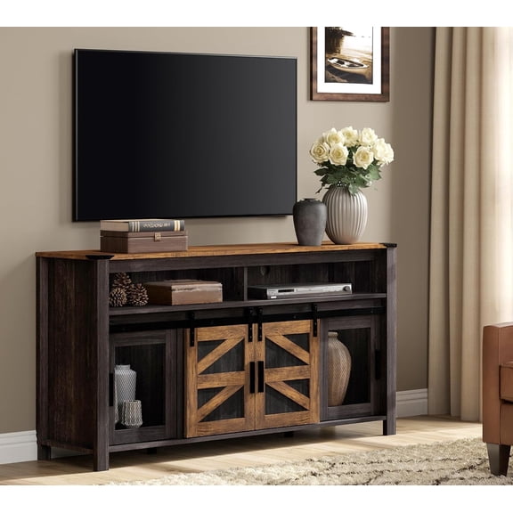 Wampat Farmhouse Wooden TV Stand, Tall Media Console for 65 Inch TV, with Sliding Barn and Mesh Doors, Open Storage, Brown
