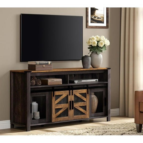 WAMPAT Farmhouse TV Stand for 65 Inch TV, Wooden Entertainment Center with Sliding Barn Doors and Mesh Doors, Tall Media Console with Open Storage Space for Living Room, Antique Black & Brown
