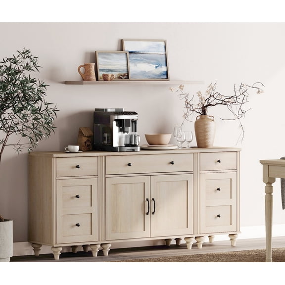 WAMPAT Farmhouse Light Oak Buffet Sideboard Cabinet, 3-in-1 Storage Console with Drawers & Doors, Charging Station for Dining Room & Kitchen, Fits 75 Inch TV