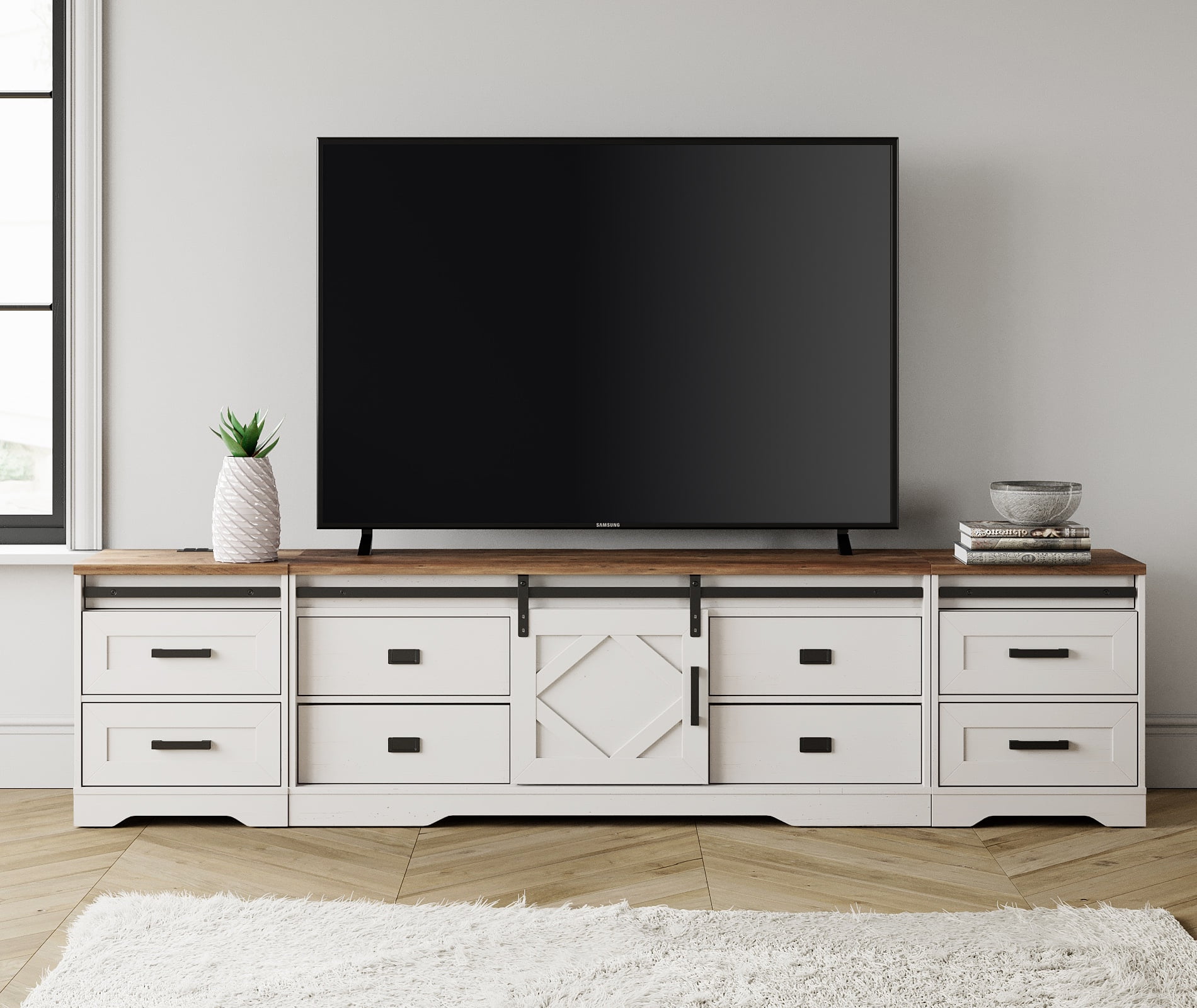 WAMPAT Farmhouse TV Stand with Charging Station and USB Ports for TVs up to 110" TVs,3 in 1 Wood Entertainment Center with 10 Drawers and Adjustable Shelves for Living Room,Cream White