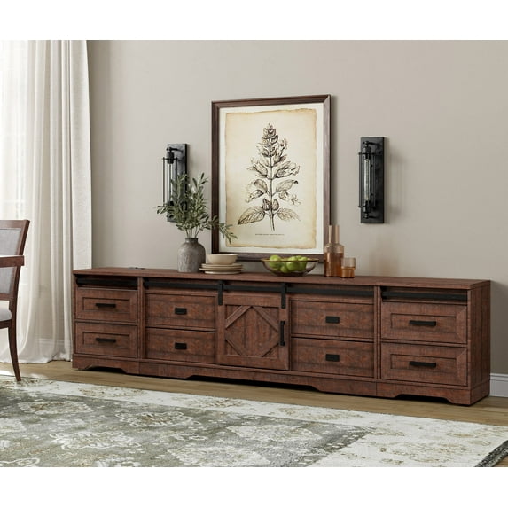 WAMPAT Farmhouse TV Stand with Charging Station and USB Ports for TVs up to 110" TVs,3 in 1 Wood Entertainment Center with 10 Drawers and Adjustable Shelves for Living Room, Rustic Brown