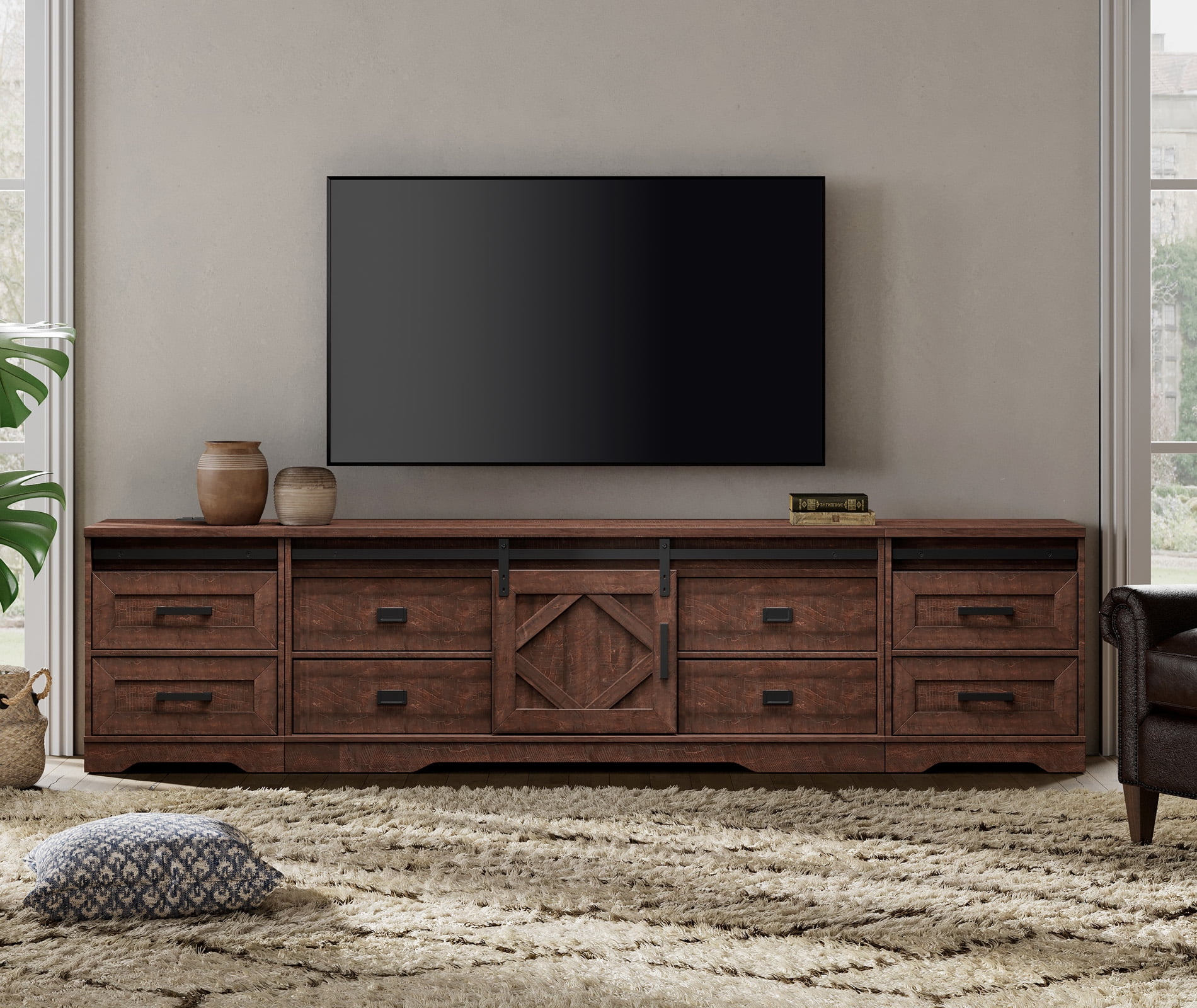 WAMPAT Farmhouse TV Stand with Charging Station and USB Ports for TVs up to 110" TVs,3 in 1 Wood Entertainment Center with 10 Drawers and Adjustable Shelves for Living Room, Rustic Brown