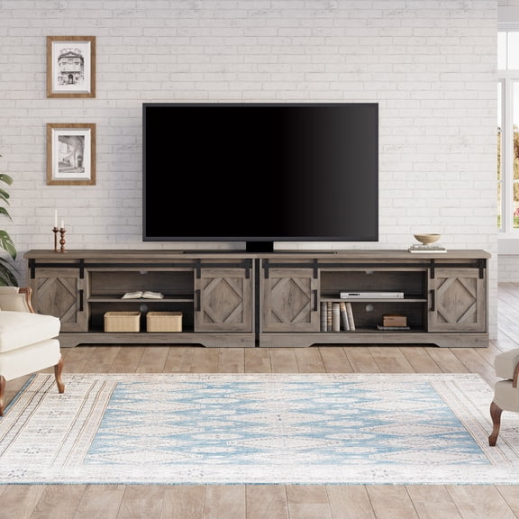 WAMPAT Farmhouse TV Stand Modern Sliding Barn Door Entertainment Center for TVs Up to 100 inch, 2 in 1 Wood TV Media Console for Living Room, Grey