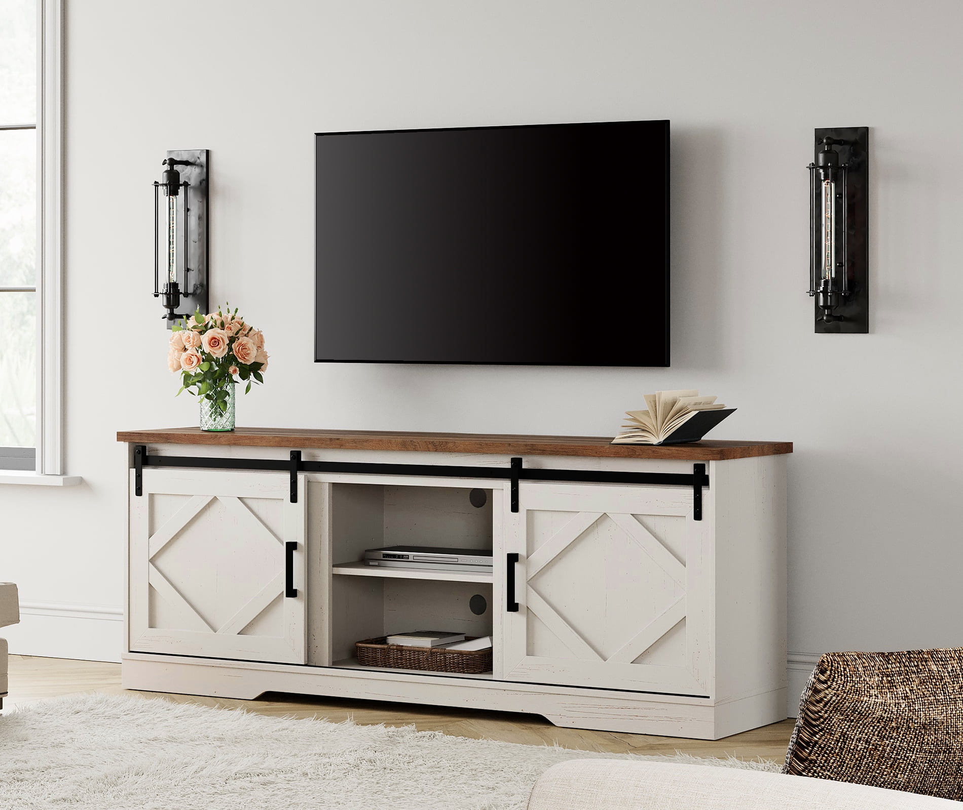 WAMPAT Farmhouse TV Stand with Sliding Barn Door for 75" TVs, Entertainment Center with Adjustable Shelf and Storage Cabinets, Media Console Table for Living Room,Hallway,Cream White