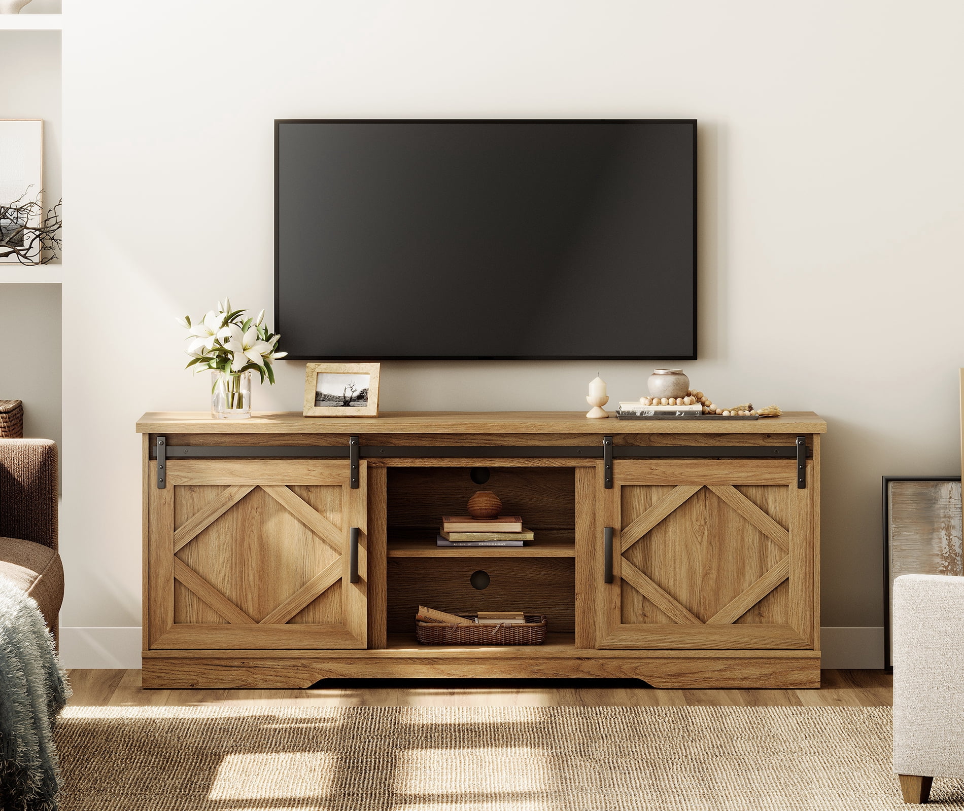 WAMPAT Farmhouse TV Stand with Sliding Barn Door for 75" TVs, Entertainment Center with Adjustable Shelf and Storage Cabinets, Media Console Table for Living Room,Hallway,Vintage Oak