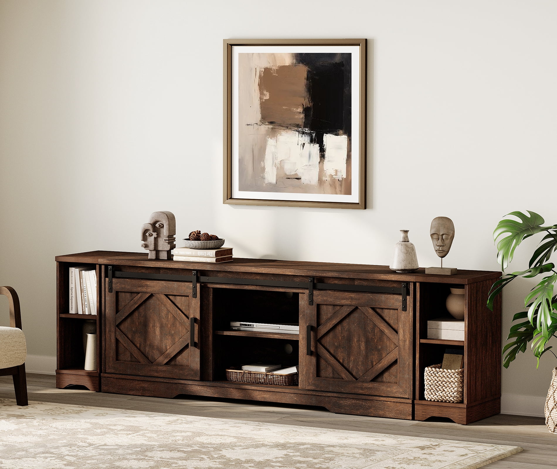 WAMPAT Farmhouse TV Stand with Sliding Barn Door for 95" TVs, Entertainment Center with Adjustable Shelf and Storage Cabinets, Media Console Table for Living Room,Hallway,Rustic Brown