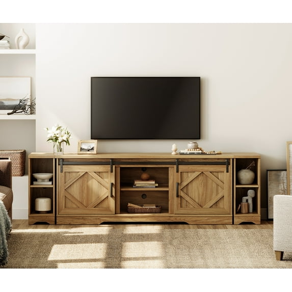 WAMPAT Farmhouse TV Stand with Sliding Barn Door for 95" TVs, Entertainment Center with Adjustable Shelf and Storage Cabinets, Media Console Table for Living Room,Hallway,Vintage Oak