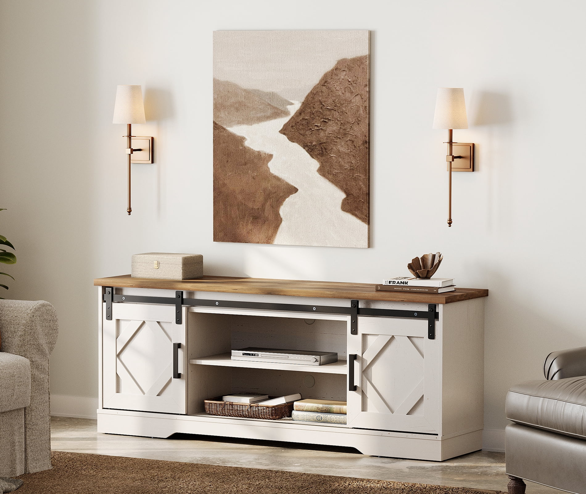 WAMPAT Farmhouse TV Stand with Sliding Barn Doors, Media Console with 3-Tier Adjustable Shelf for TVs up to 65", Rustic Wood Entertainment Center for Living Room,Cream White