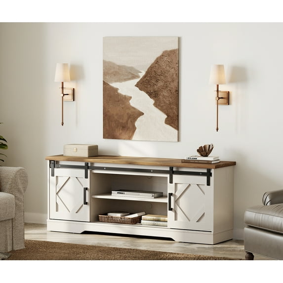 WAMPAT Farmhouse TV Stand with Sliding Barn Doors, Media Console with 3-Tier Adjustable Shelf for TVs up to 65", Rustic Wood Entertainment Center for Living Room,Cream White