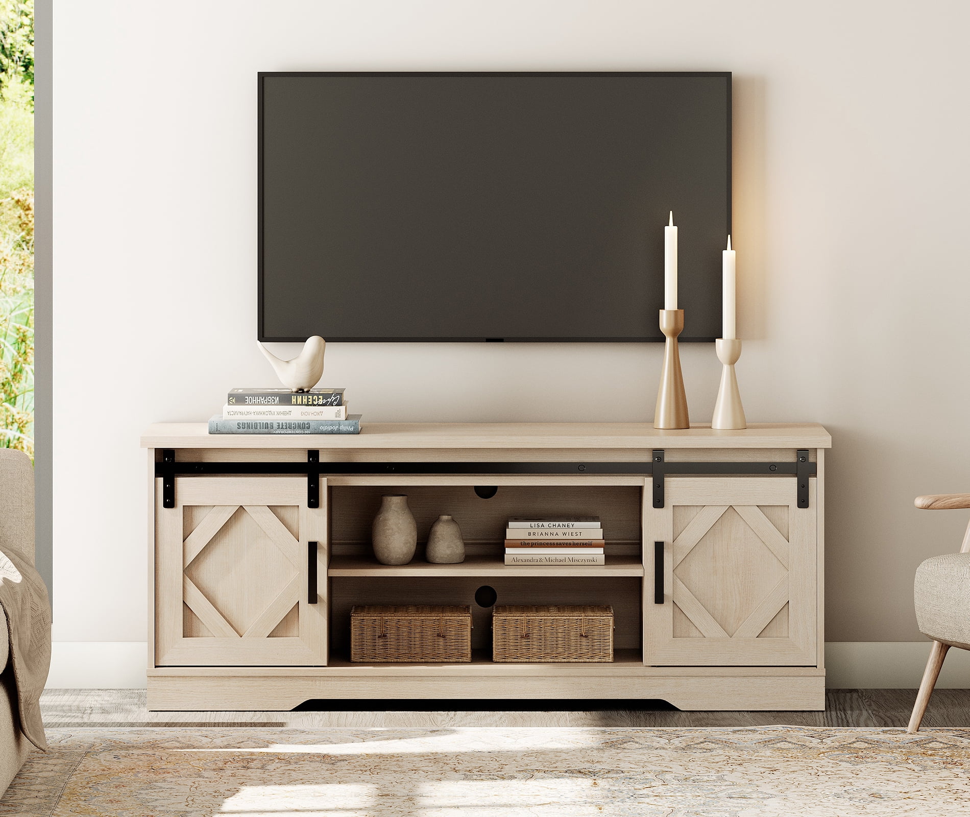 WAMPAT Farmhouse TV Stand with Sliding Barn Doors, Media Console with 3-Tier Adjustable Shelf for TVs up to 65", Rustic Wood Entertainment Center for Living Room,Pale Oak