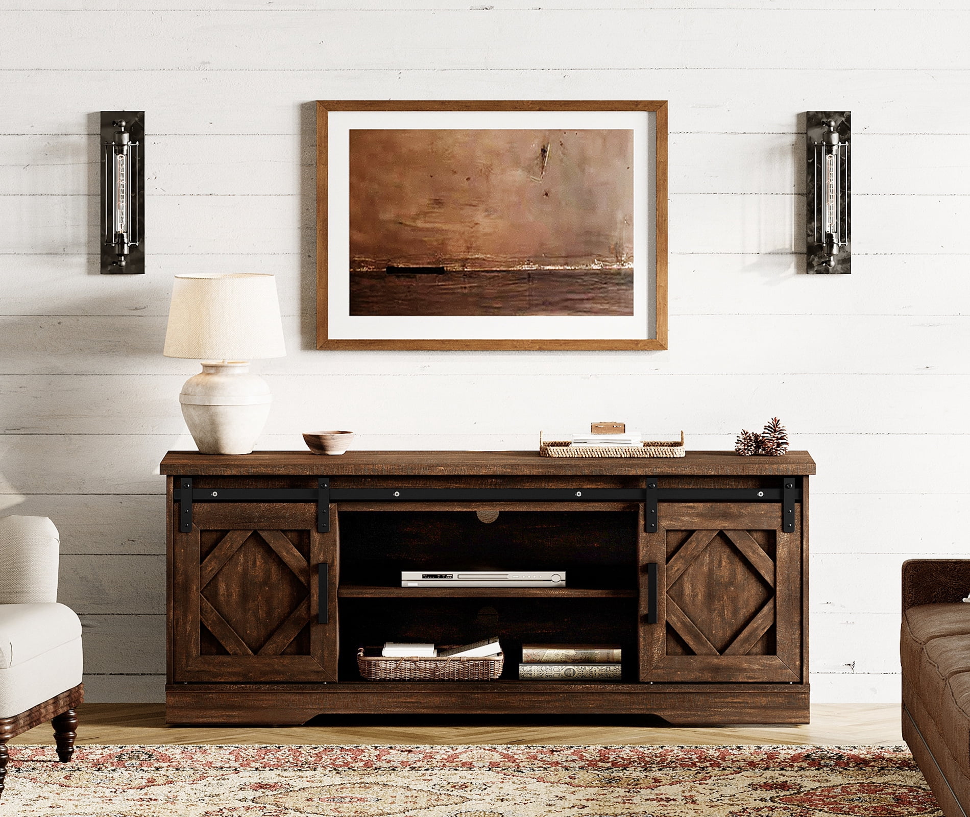 WAMPAT Farmhouse TV Stand with Sliding Barn Doors, Media Console with 3-Tier Adjustable Shelf for TVs up to 65", Rustic Wood Entertainment Center for Living Room,Rustic Brown