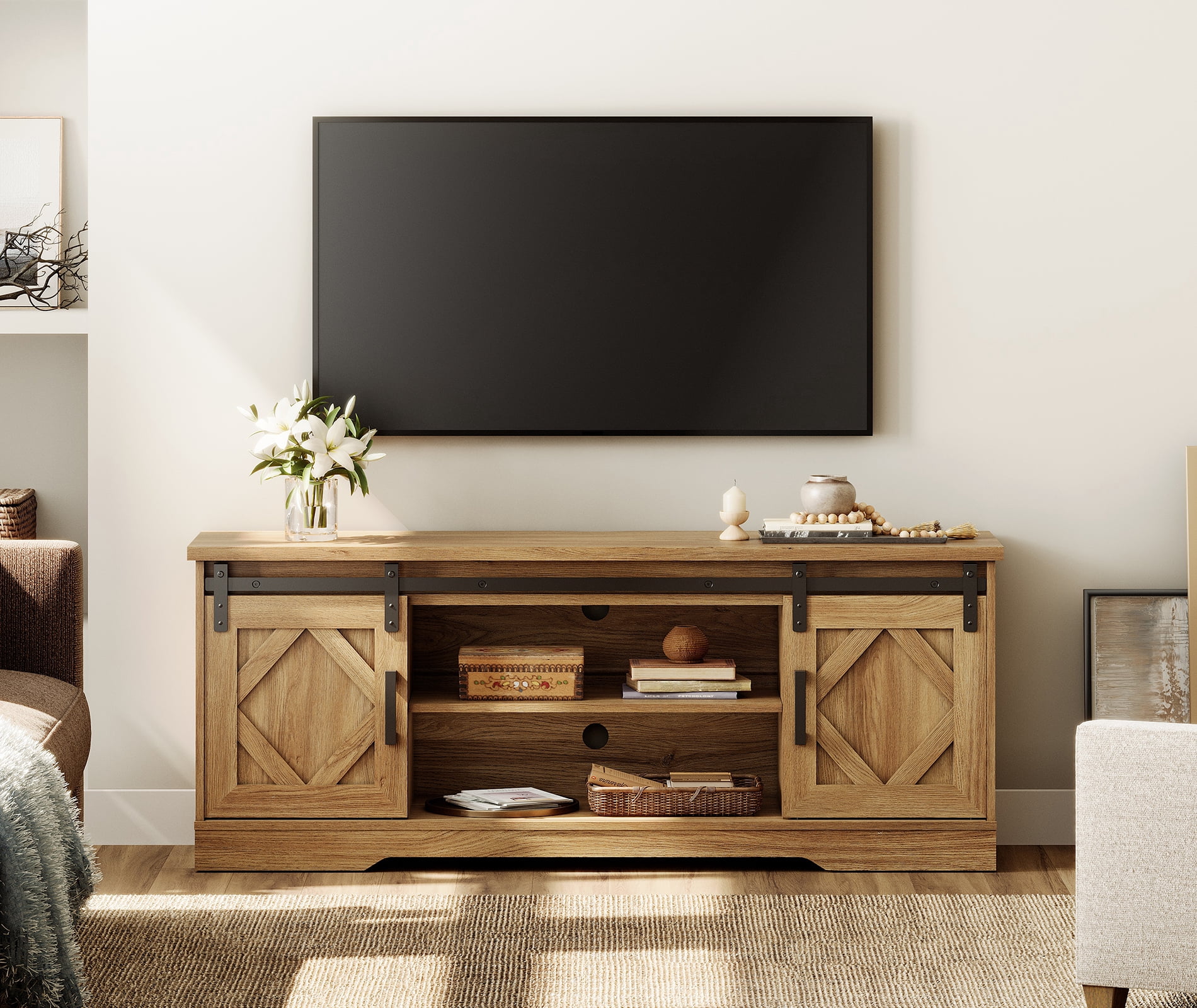WAMPAT Farmhouse TV Stand with Sliding Barn Doors, Media Console with 3-Tier Adjustable Shelf for TVs up to 65", Rustic Wood Entertainment Center for Living Room,Vintage Oak