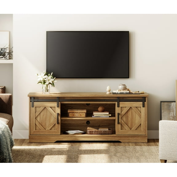 WAMPAT Farmhouse TV Stand with Sliding Barn Doors, Media Console with 3-Tier Adjustable Shelf for TVs up to 65", Rustic Wood Entertainment Center for Living Room,Vintage Oak
