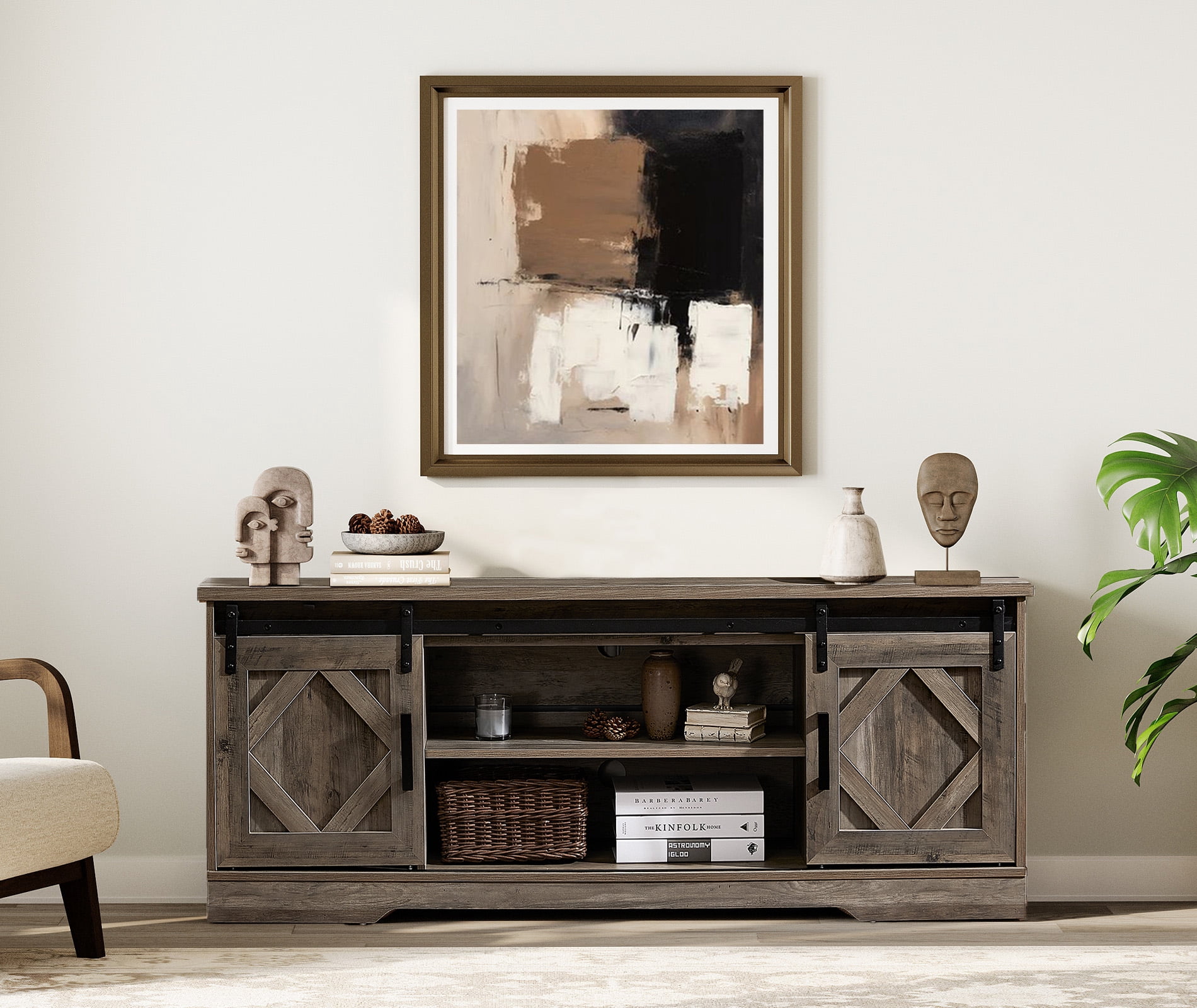 WAMPAT Farmhouse TV Stand with Sliding Barn Doors, Media Console with 3-Tier Adjustable Shelf for TVs up to 65", Rustic Wood Entertainment Center for Living Room,Washed Grey