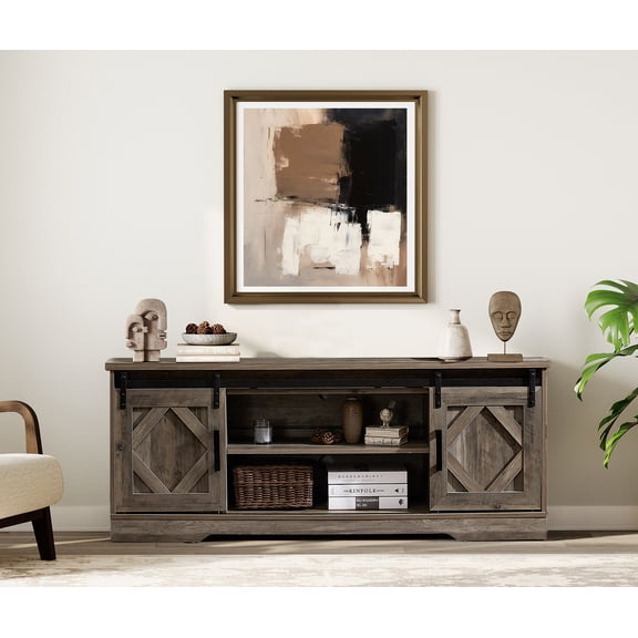 WAMPAT Farmhouse TV Stand with Sliding Barn Doors, Media Console with 3-Tier Adjustable Shelf for TVs up to 65", Rustic Wood Entertainment Center for Living Room,Washed Grey