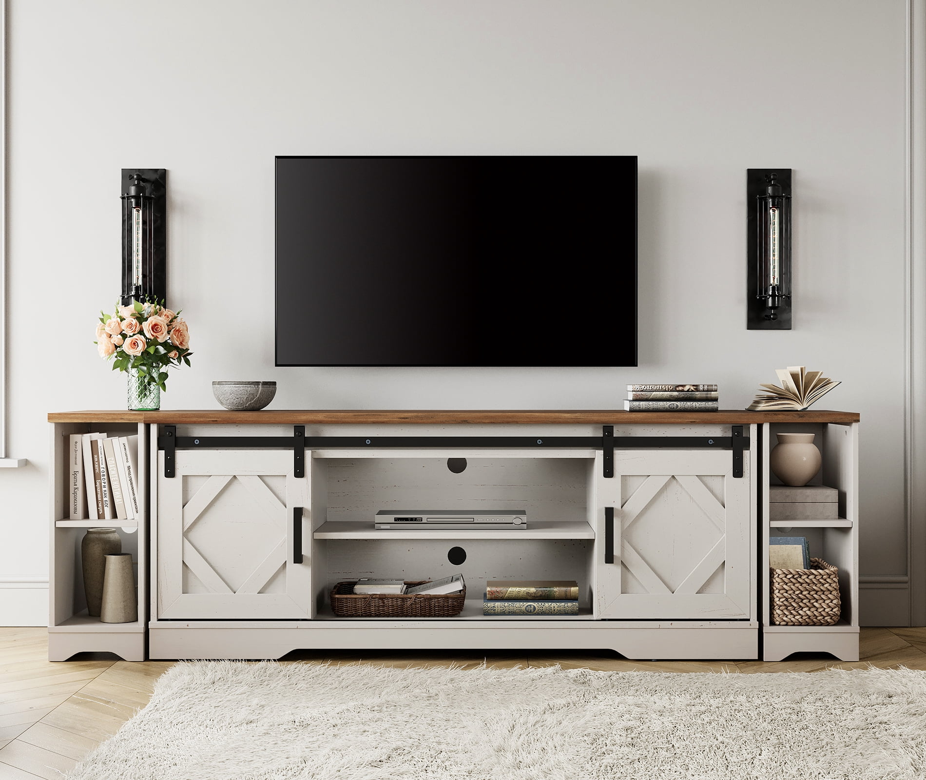 WAMPAT Farmhouse TV Stand with Sliding Barn Doors, Media Console with 3-Tier Adjustable Shelf for TVs up to 85", Rustic Wood Entertainment Center for Living Room,Cream White
