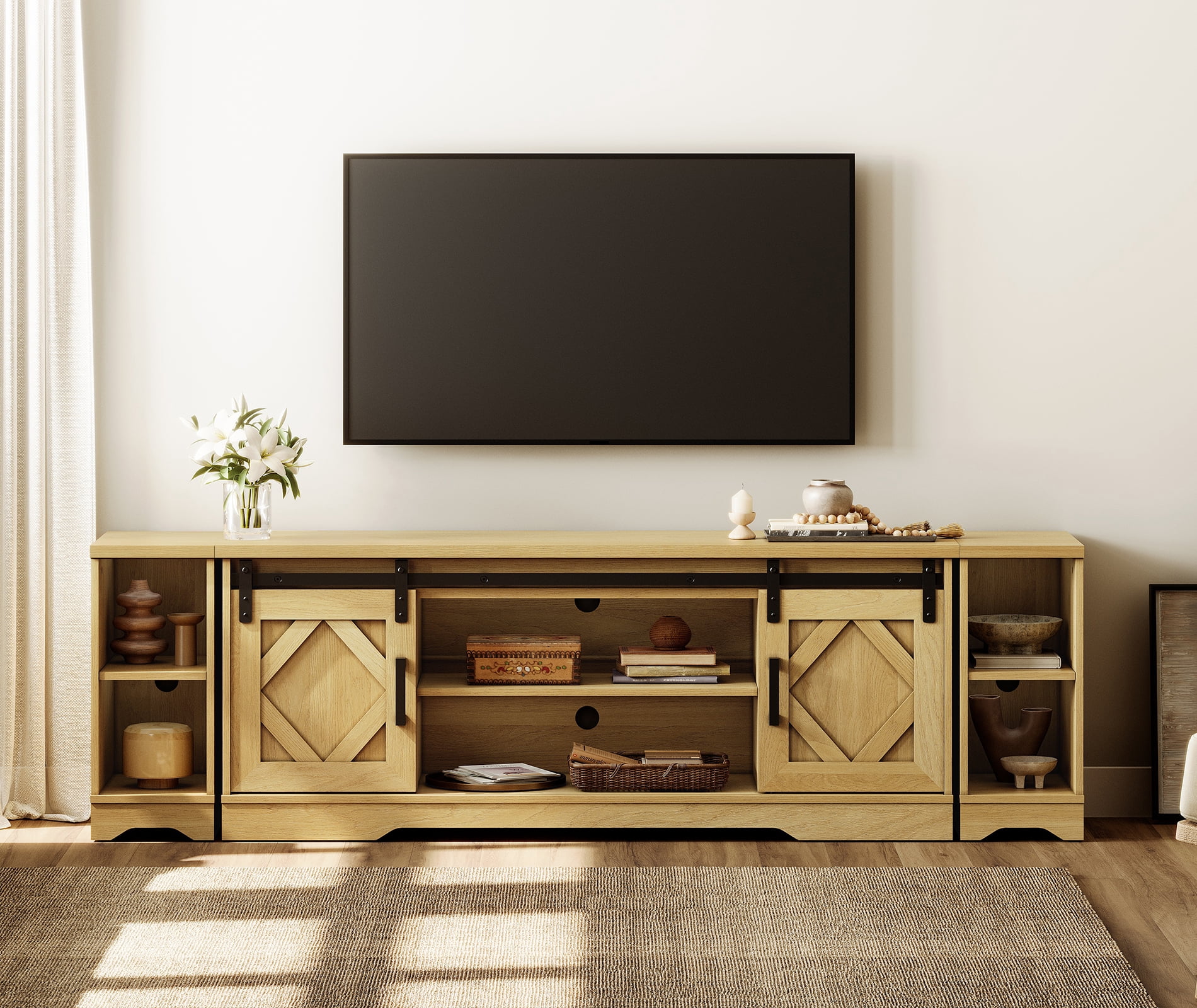 WAMPAT Farmhouse TV Stand with Sliding Barn Doors, Media Console with 3-Tier Adjustable Shelf for TVs up to 85", Rustic Wood Entertainment Center for Living Room,Natural Oak
