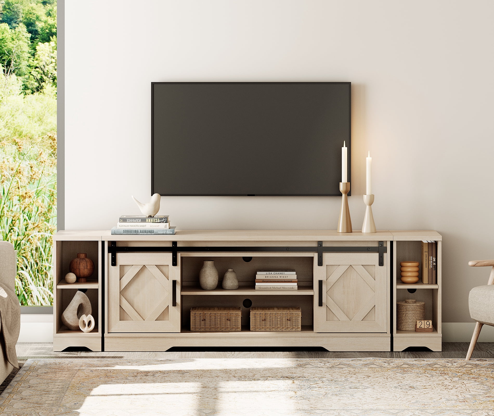 WAMPAT Farmhouse TV Stand with Sliding Barn Doors, Media Console with 3-Tier Adjustable Shelf for TVs up to 85", Rustic Wood Entertainment Center for Living Room,Pale Oak