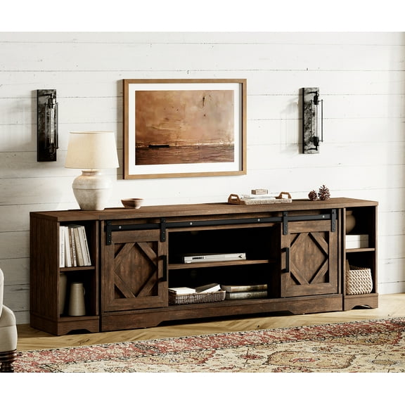 WAMPAT Farmhouse TV Stand with Sliding Barn Doors, Media Console with 3-Tier Adjustable Shelf for TVs up to 85", Rustic Wood Entertainment Center for Living Room,Rustic Brown
