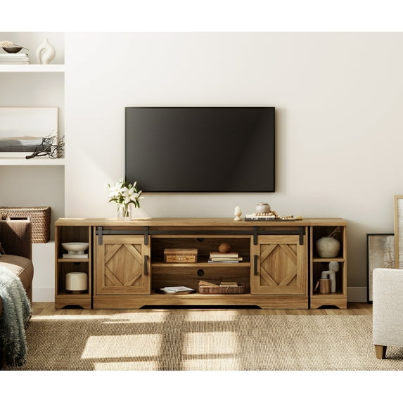 WAMPAT Farmhouse TV Stand with Sliding Barn Doors, Media Console with 3-Tier Adjustable Shelf for TVs up to 85", Rustic Wood Entertainment Center for Living Room,Vintage Oak