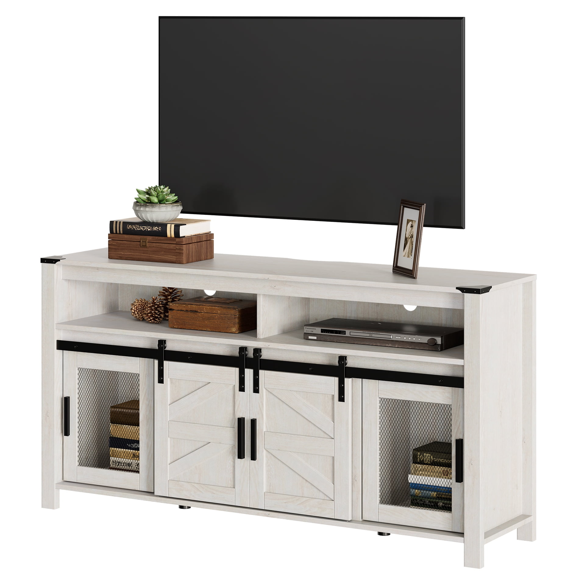 WAMPAT Farmhouse TV Stand with Two Barn Doors and Storage Cabinets for Televisions up to 65 Inch, Entertainment Center Console Table, Media Furniture for Living Room, Rustic White