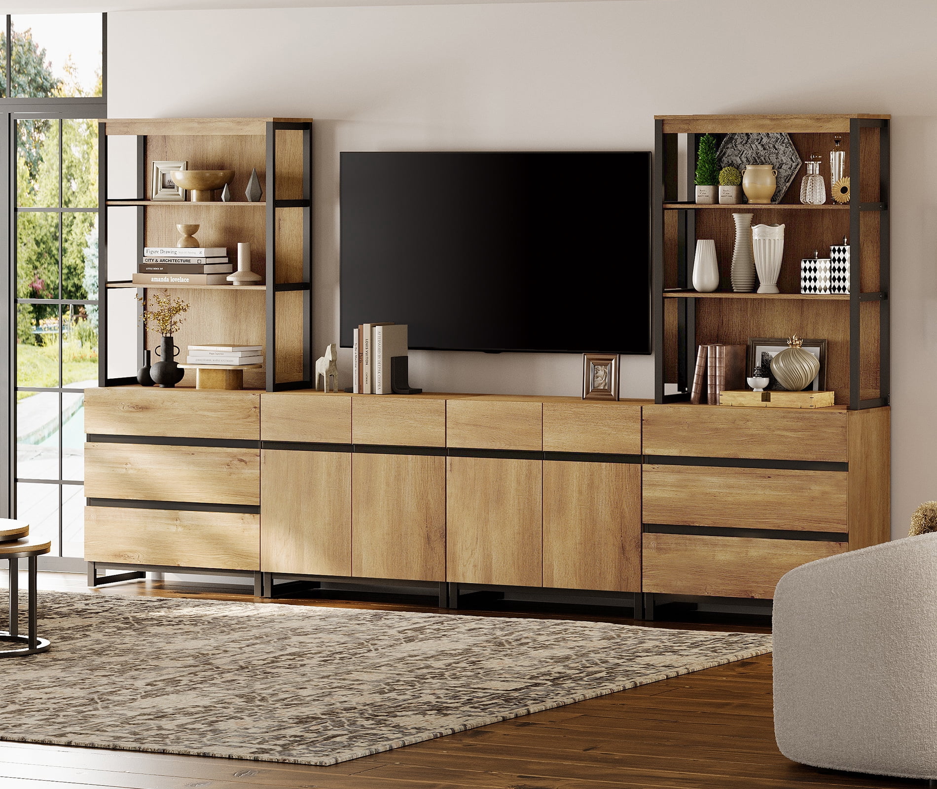 WAMPAT Farmhouse TV Stand, Wooden Media Console with 6 Drawers, 2 Cabinets, 3-Tier Shelf & Black Metal Legs for Living Room, Oak