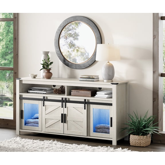 WAMPAT Farmhouse TV Stand for 65 Inch Flat Screen, Antique White Entertainment Center with Blue LED Lights Strips