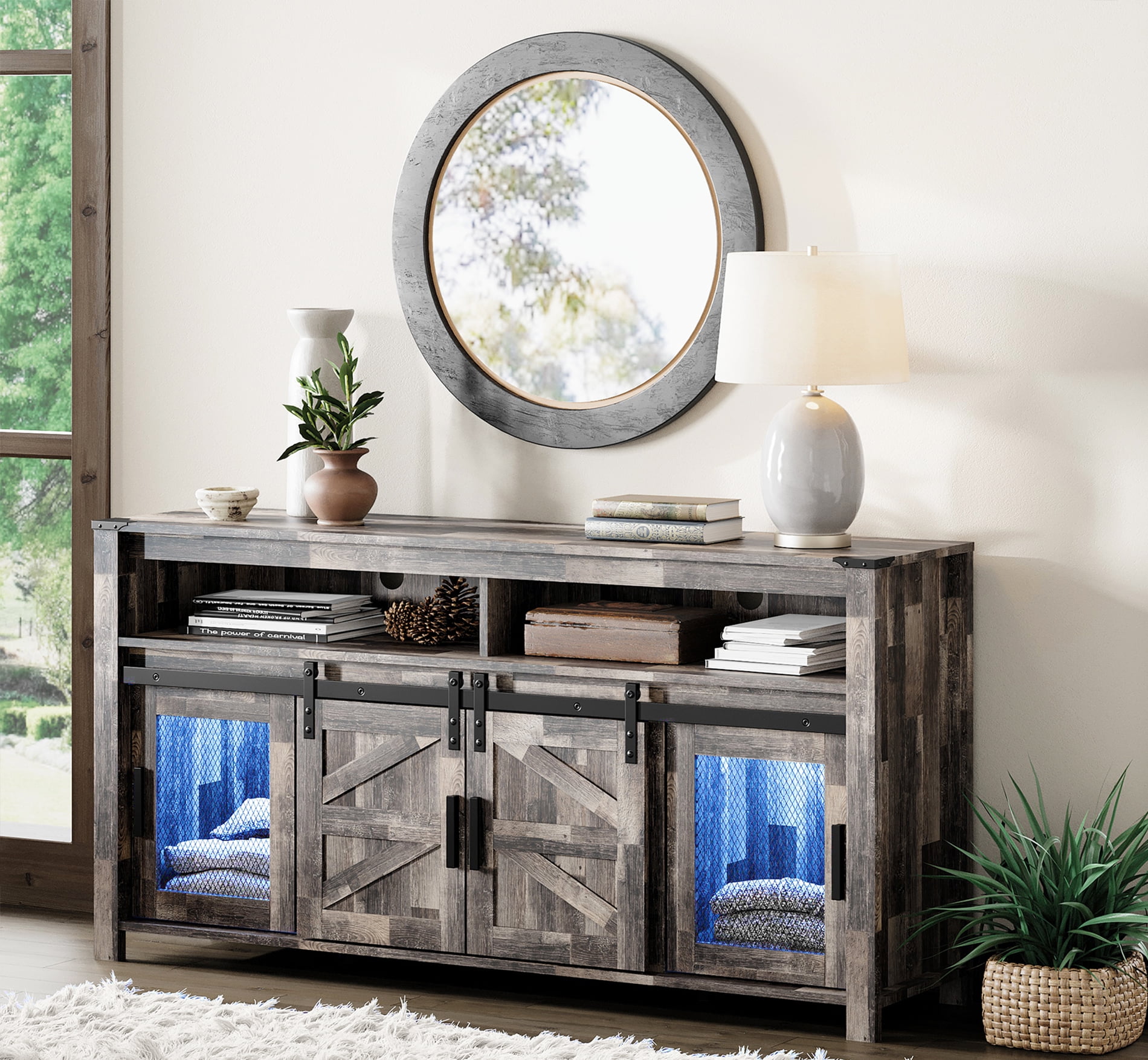 WAMPAT Farmhouse TV Stand for 65 Inch Flat Screen, Rustic Brown Entertainment Center with Blue LED Lights Strips