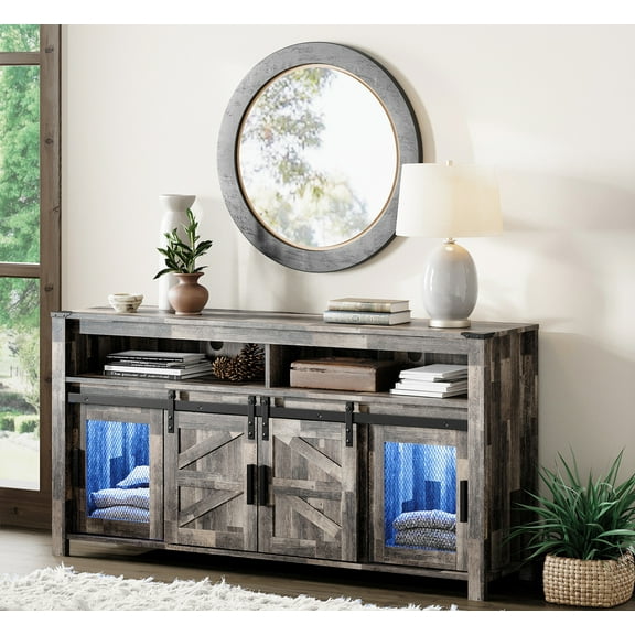 WAMPAT Farmhouse TV Stand for 65 Inch Flat Screen, Rustic Brown Entertainment Center with Blue LED Lights Strips