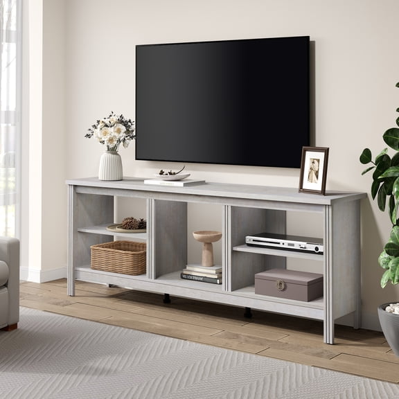 WAMPAT Farmhouse TV Stand for 75-80 Inch TVs, 70 Inch White Entertainment Center with 5 Open Storage Cubbies