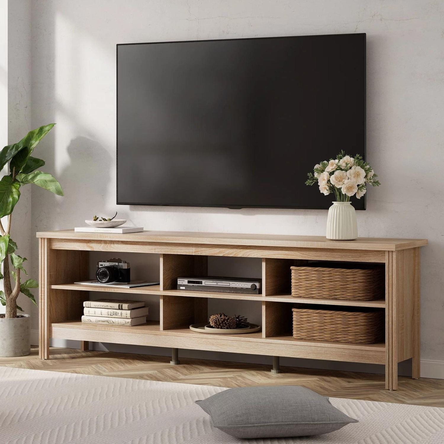 WAMPAT Farmhouse TV Stand for 75" Flat Screen, Wood Entertainment Center for Living Room, 70 inch, Oak