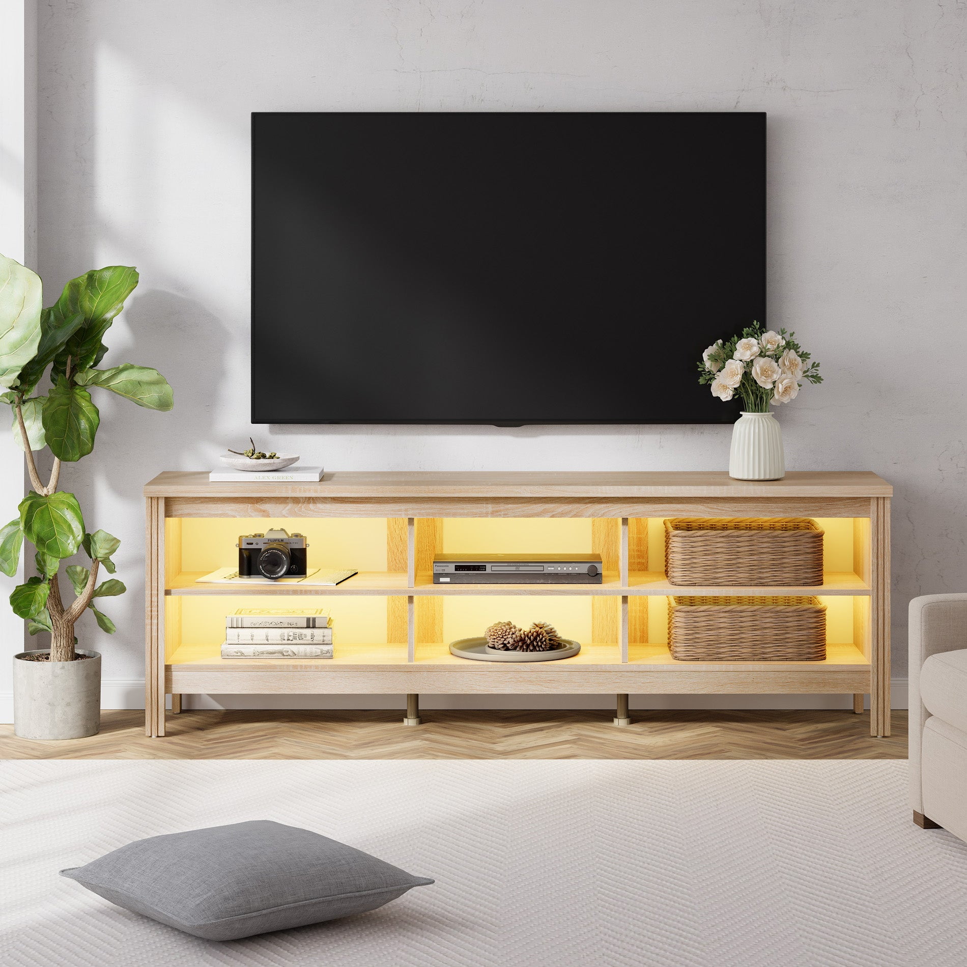 WAMPAT Farmhouse TV Stand for 75" Flat Screen, Wood Entertainment Center with LED Light for Living Room, 70 inch, Oak