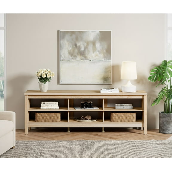 WAMPAT Farmhouse TV Stand for 75 inch TVs, Classic Wood Entertainment Cente Media Console Table for Living Room, 70 inch, Oak