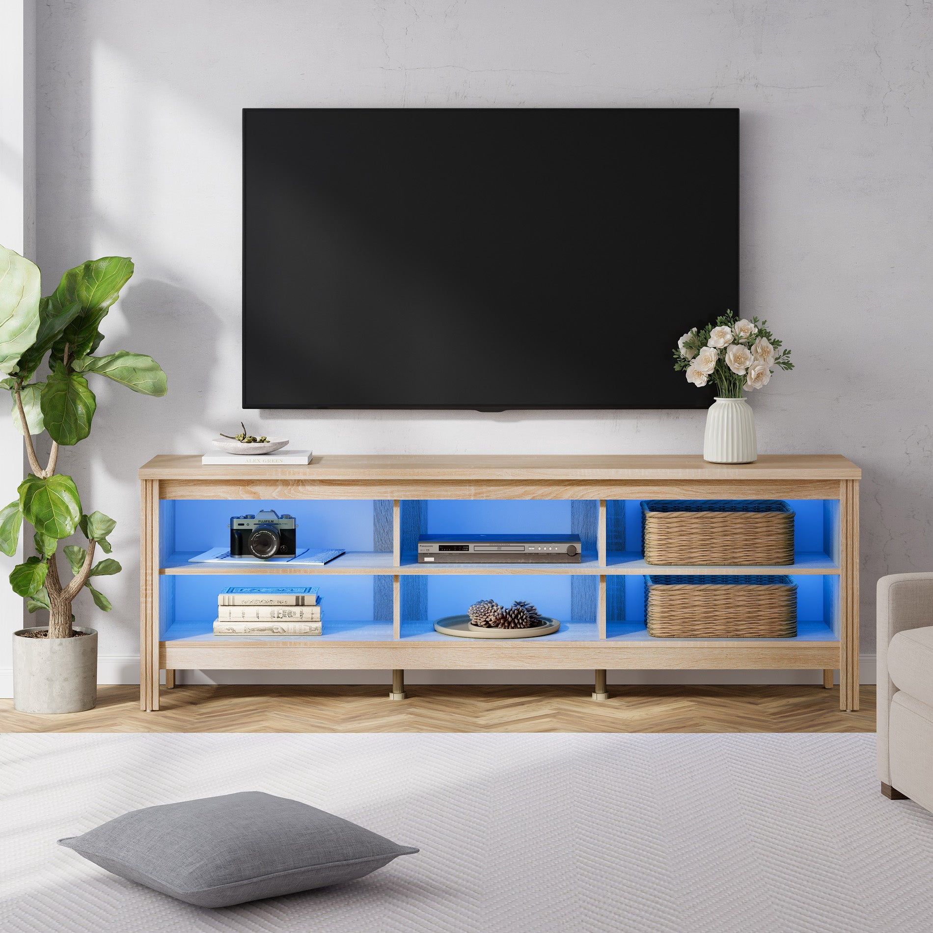 WAMPAT Farmhouse TV Stand for TVs Up to 75 Inch, Living Room Entertainment Center with 6 Cubby & Blue LED Light, Oak