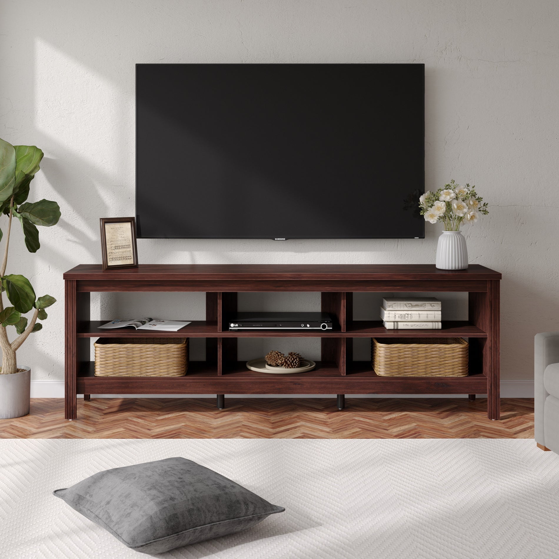 WAMPAT Farmhouse TV Stand for TVs Up to 75 Inch, Living Room Entertainment Center with 6 Storages, Brown