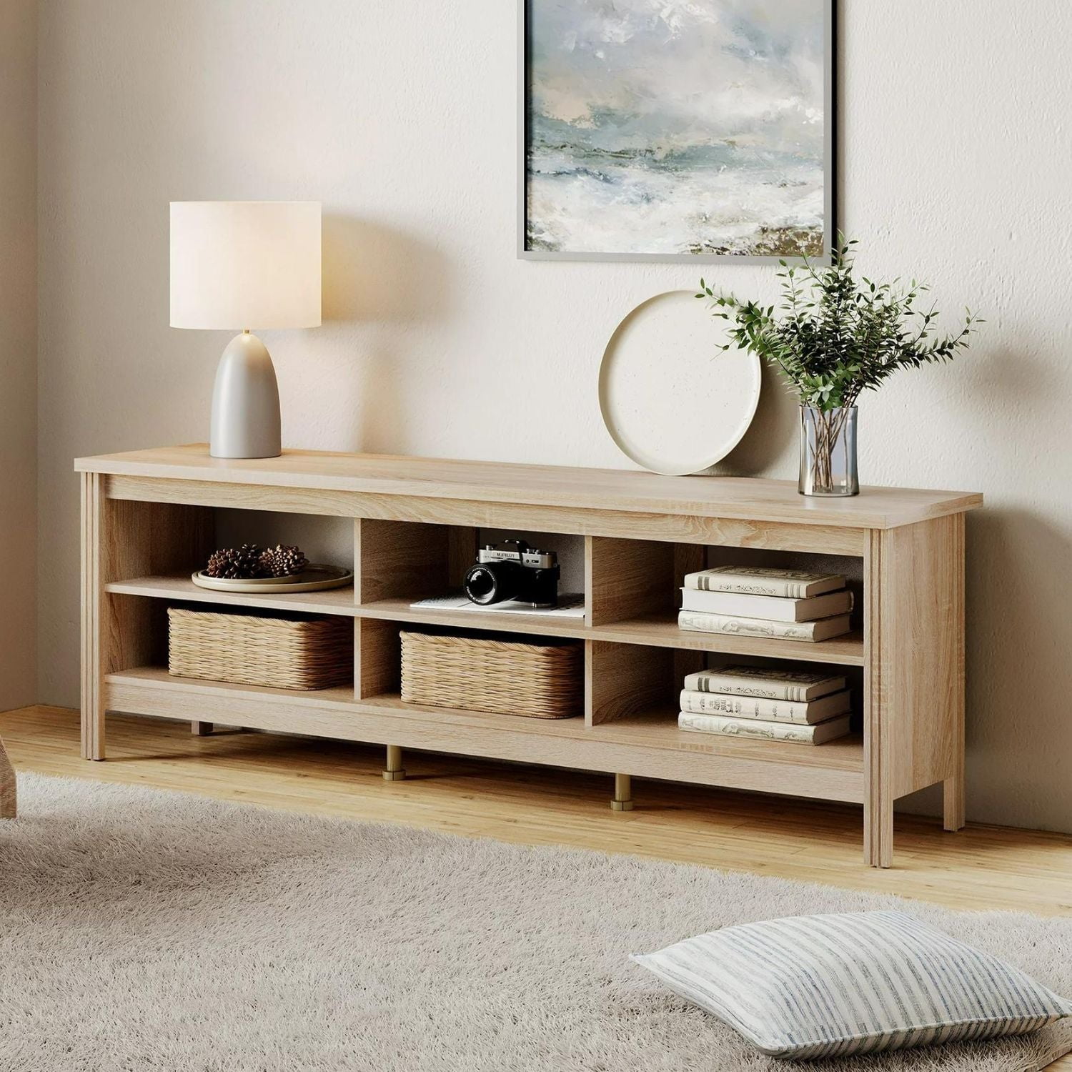 WAMPAT Farmhouse TV Stand for TVs Up to 75 Inch, Living Room Entertainment Center with 6 Storages, Oak