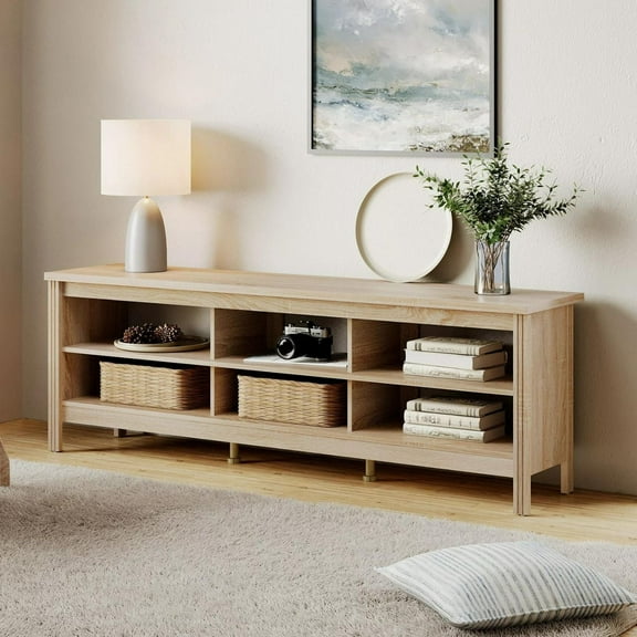 WAMPAT Farmhouse TV Stand for TVs Up to 75 Inch, Living Room Entertainment Center with 6 Storages, Oak