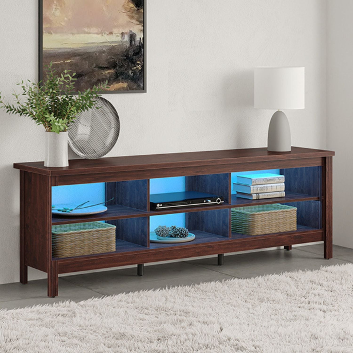 WAMPAT Farmhouse TV Stand for TVs Up to 75 inch, Brown Entertainment Center TV Console Table with 16 Color LED Lights for Living Room & Bedroom