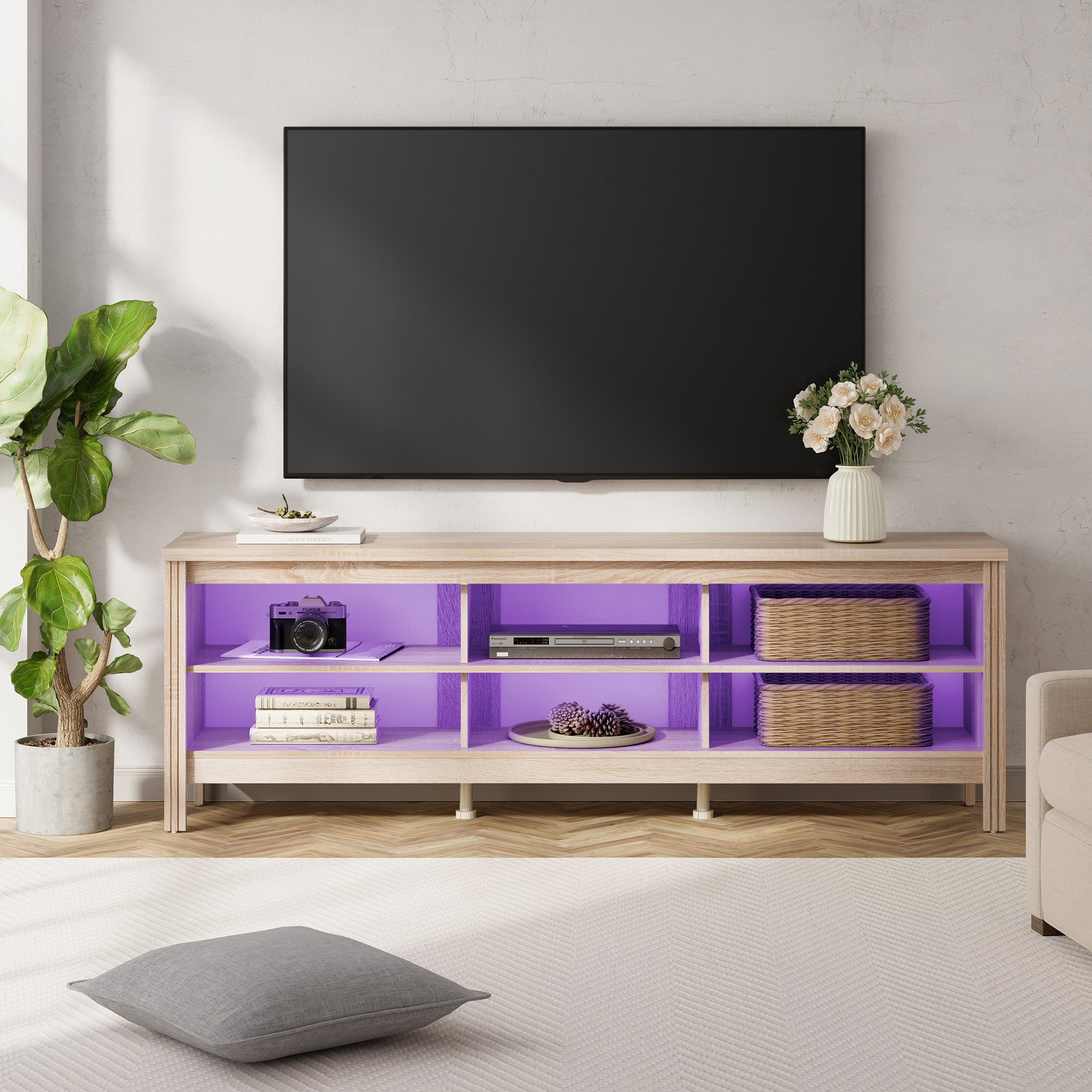 WAMPAT Farmhouse TV Stand for TVs Up to 75 inch, Oak Entertainment Center TV Console Table with 16 Color LED Lights for Living Room & Bedroom