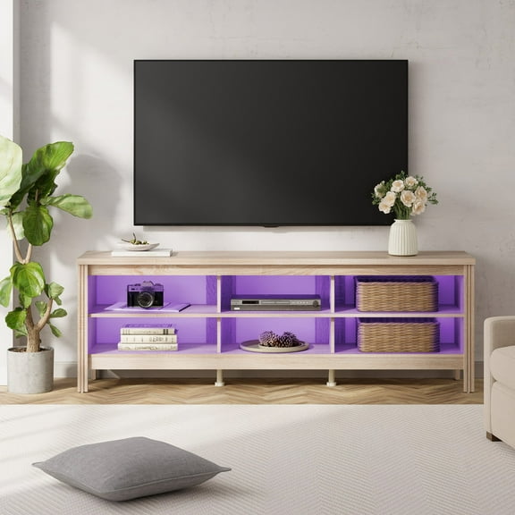 WAMPAT Farmhouse TV Stand for TVs Up to 75 inch, Oak Entertainment Center TV Console Table with 16 Color LED Lights for Living Room & Bedroom