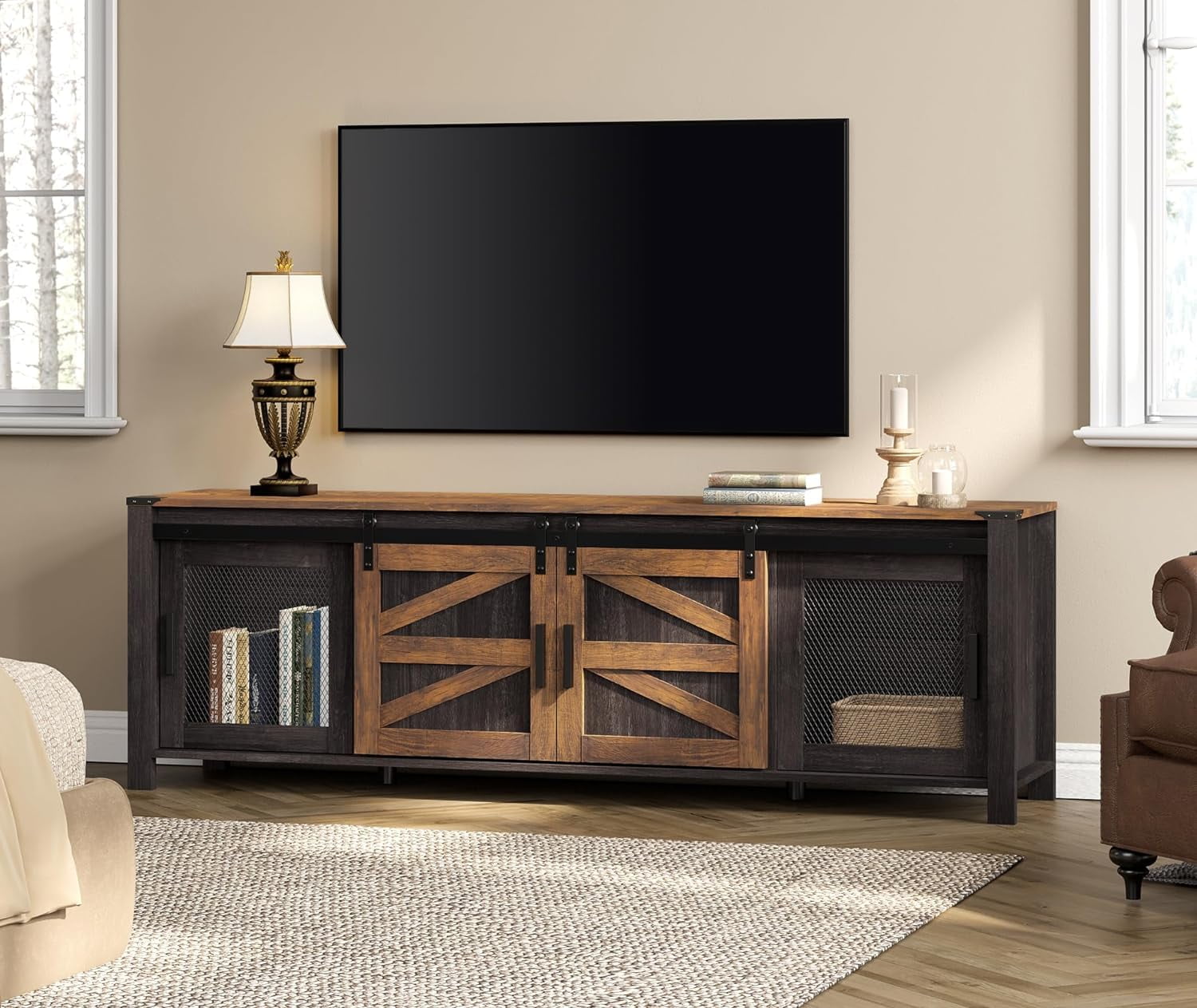 WAMPAT Farmhouse TV Stand For TVs Up To 75 Inches, Wood Cabinet With Glass Door-269739