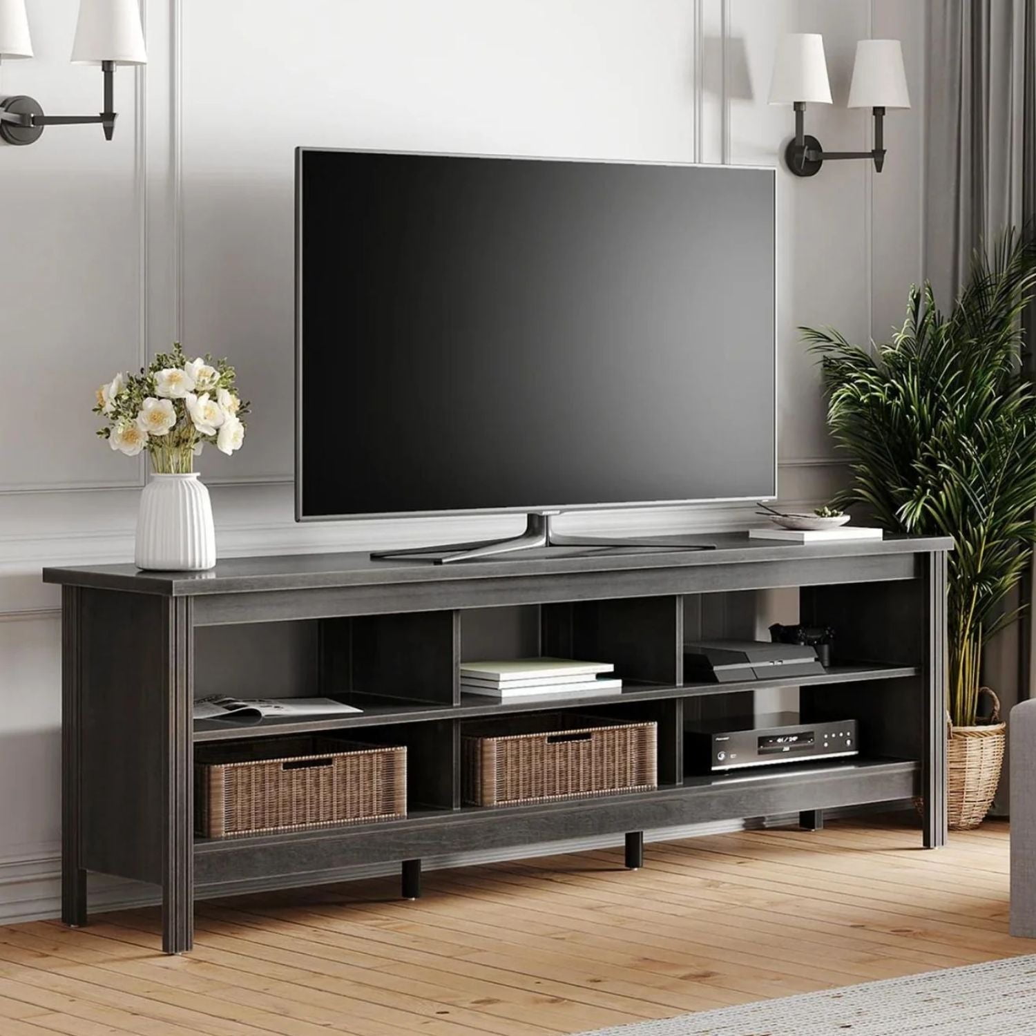 WAMPAT Farmhouse TV Stands for TVs Up to 75", Black Entertainment Center Console Table for Living Room, 70 inch