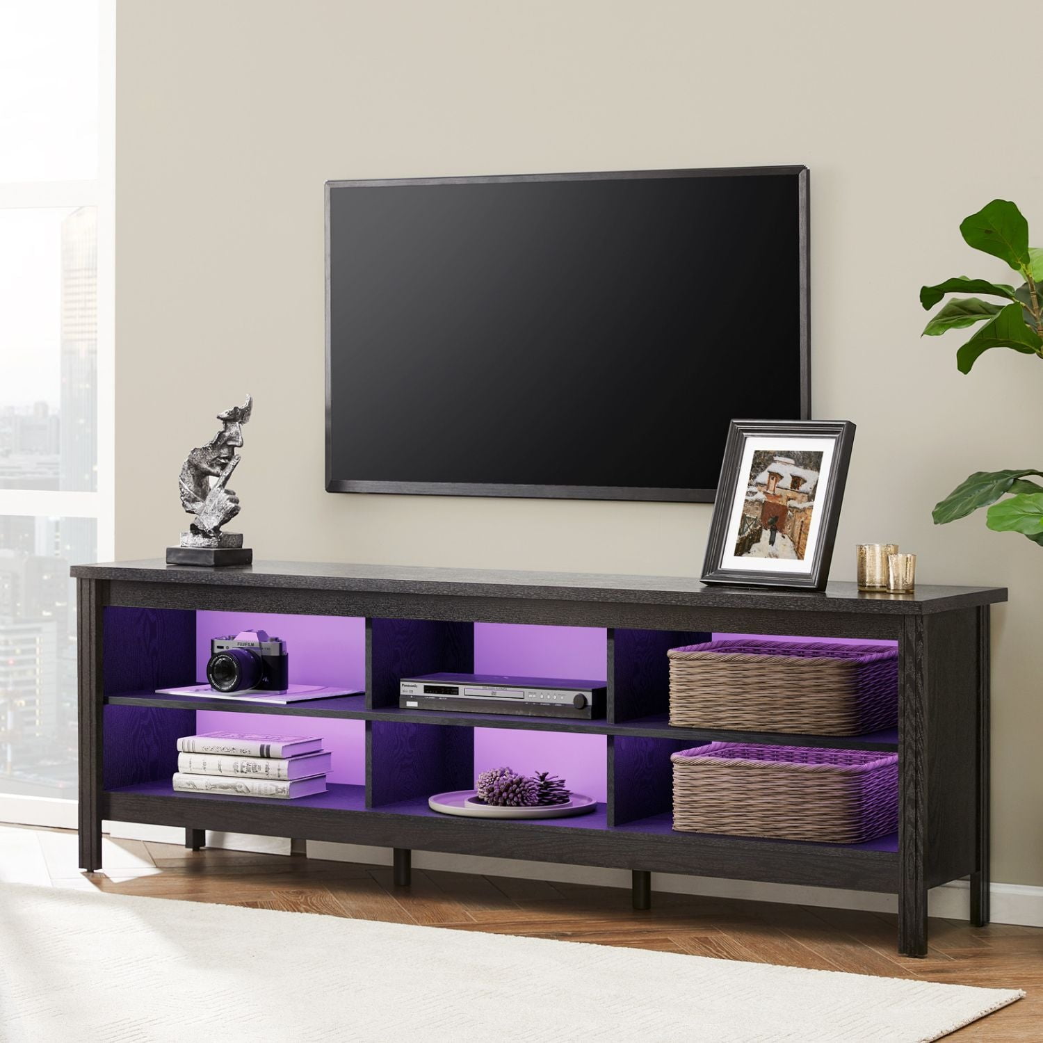 WAMPAT Farmhouse TV Stands for TVs Up to 75", Wood TV Cabinet with Multi-Color LED Light for Living Room, Black