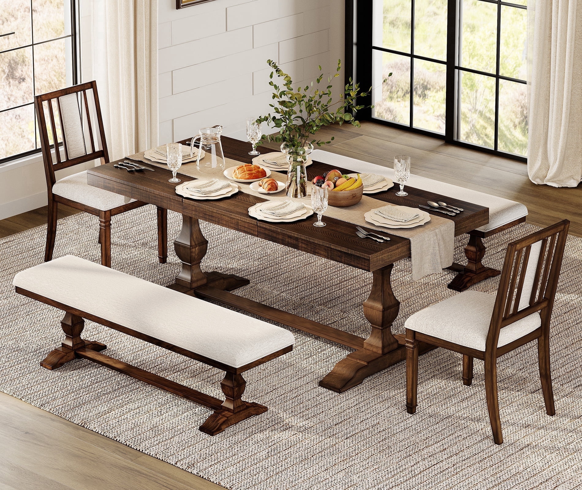 WAMPAT 5-pieces Farmhouse Dinning Table for 6-8,74.8" Kitchen Table Set with 2 Benches and 2 Chairs,Solid Wood Legs and Cushion Seat for Kitchen & Living Room,Brown