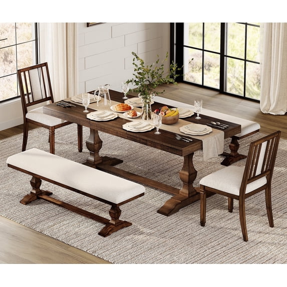 WAMPAT 5-pieces Farmhouse Dinning Table for 6-8,74.8" Kitchen Table Set with 2 Benches and 2 Chairs,Solid Wood Legs and Cushion Seat for Kitchen & Living Room,Brown