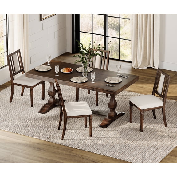 WAMPAT Farmhouse Upholstered Dining Chairs Set of 4,Modern Kitchen Chairs with Fabric Cushion & Splat Back for Dining Room,Living Room,Brown