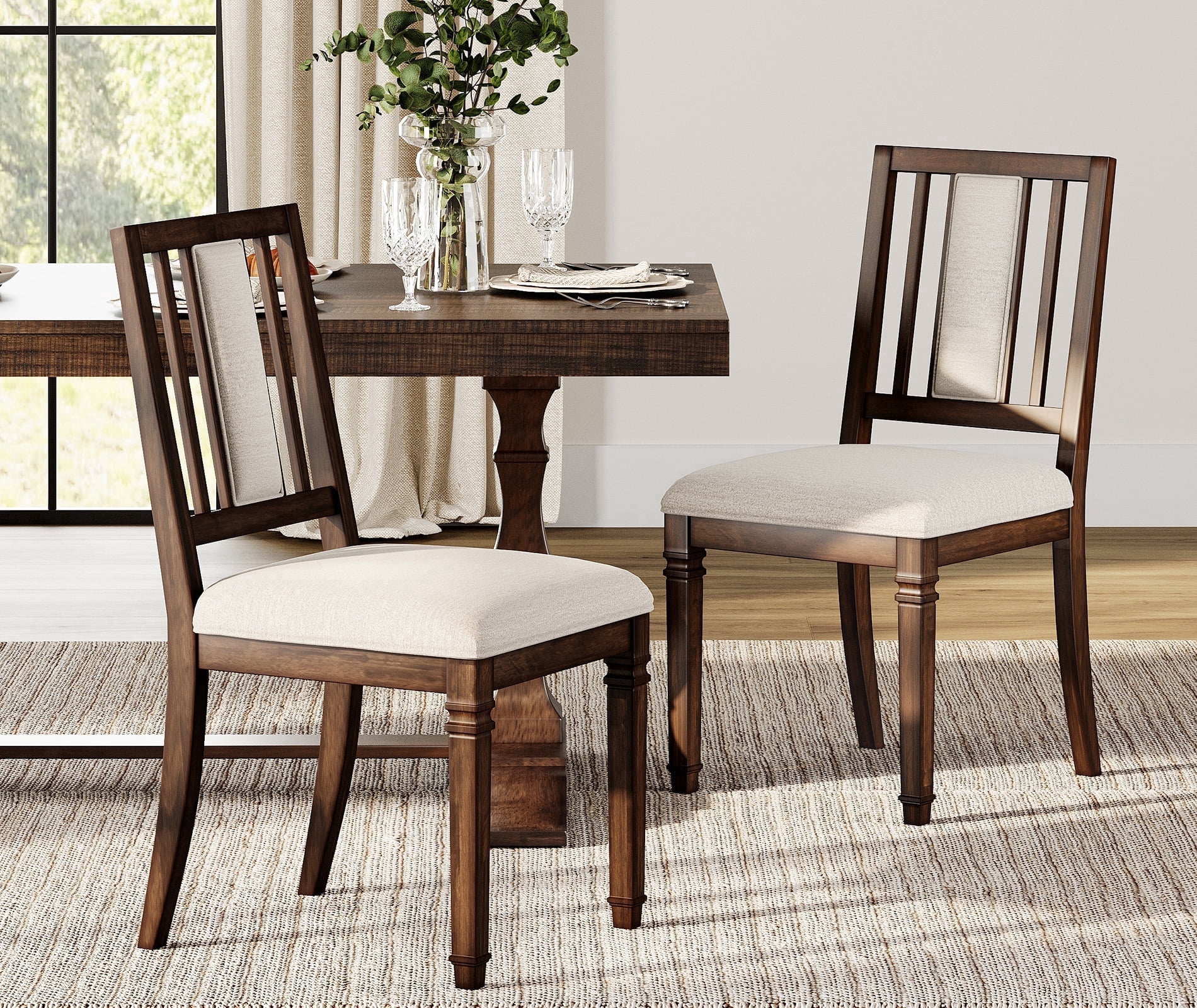 WAMPAT Farmhouse Upholstered Dining Chairs Set of 2,Modern Kitchen Chairs with Fabric Cushion & Splat Back for Dining Room,Living Room,Brown